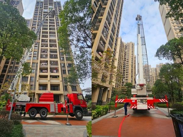 东升大队组织开展高层住宅小区登高作业面测试